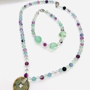Vintage fluorite necklace with antique Asian coin pendant and bracelet